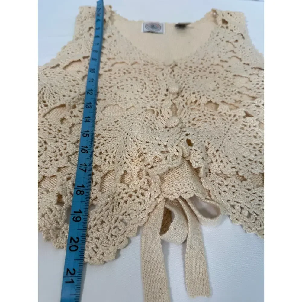 Vintage Cape Isle Knitters Crochet Sweater Vest Ramie Cotton Tie Back Boho